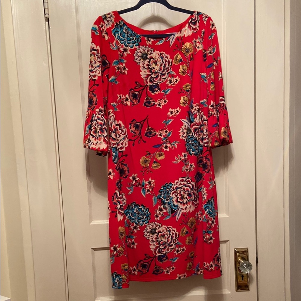 J Howard Red Sheath Dress with Bell Sleeves and Scoop Neck